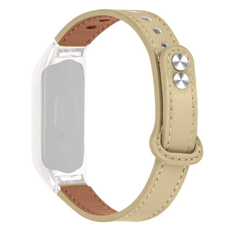 For Xiaomi Mi Band 7 Top Layer Cowhide Replacement Strap Adjustable Wrist Band with Double Rivet, Rose Gold Watch Case - Light Apricot