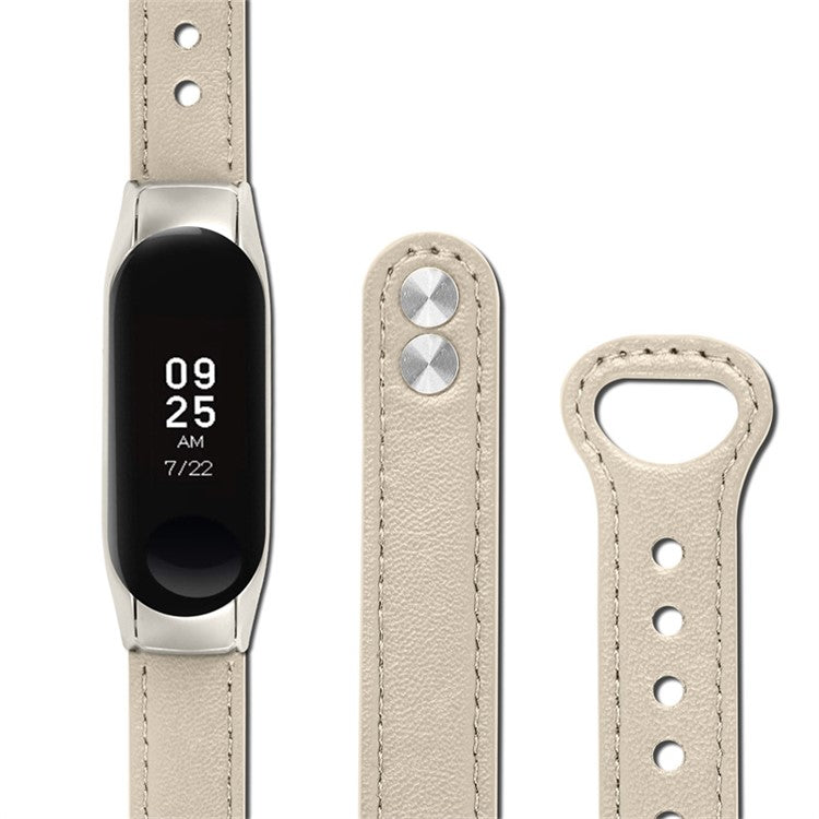 Top Layer Cowhide Strap for Xiaomi Mi Band 3 / 4, Double Rivet Design Wrist Band Replacement, Black Watch Case - Ivory White