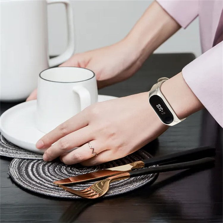 Top Layer Cowhide Strap for Xiaomi Mi Band 3 / 4, Double Rivet Design Wrist Band Replacement, Black Watch Case - Ivory White