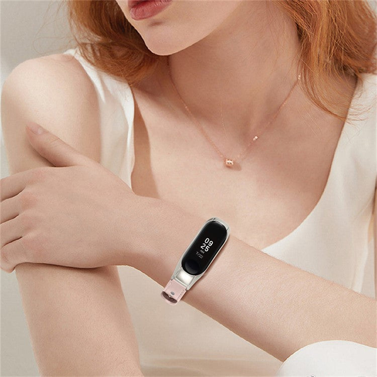 Adjustable Wrist Band for Xiaomi Mi Band 7 Top Layer Cowhide Replacement Strap with Double Rivet, Black Watch Case - Light Pink