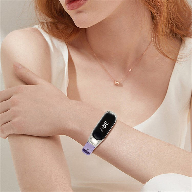For Xiaomi Mi Band 7 Replacement Strap Top Layer Cowhide Adjustable Wrist Band with Double Rivet, Silver Watch Case - Light Purple