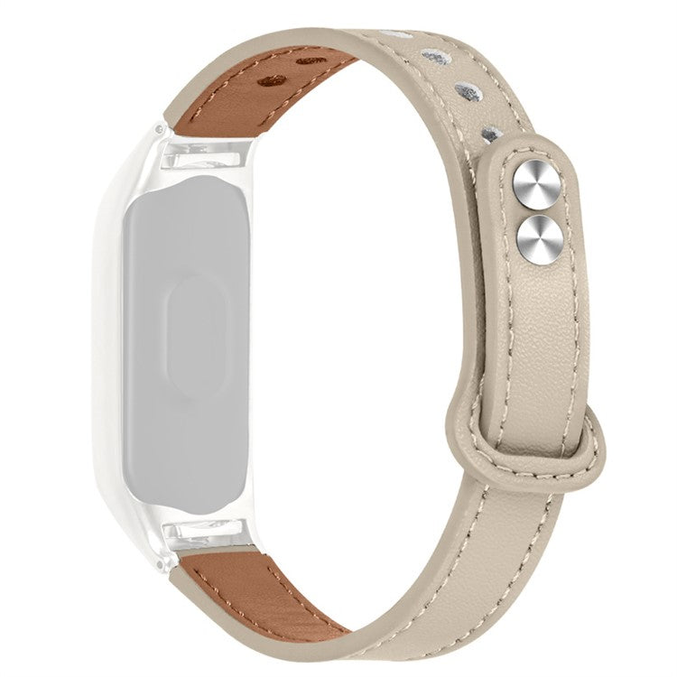 For Xiaomi Mi Band 7 Replacement Strap Top Layer Cowhide Adjustable Wrist Band with Double Rivet, Silver Watch Case - Ivory White
