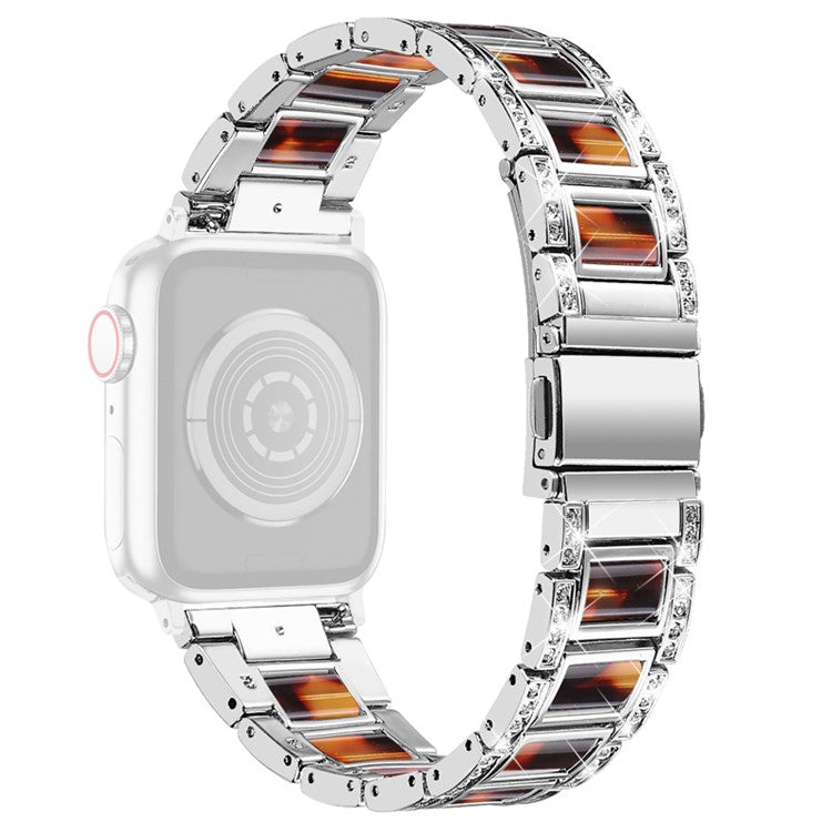 For Apple Watch Series 10 46mm / Ultra 2 Ultra 49mm / 9 8 7 45mm / SE (2023) SE (2022) SE 6 5 4 44mm / 3 2 1 42mm Stainless Steel Resin Watch Band Rhinestone Decor Wristband - Silver / Black