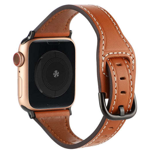 For Apple Watch Series 10 42mm / 9 8 7 41mm / 6 5 4 SE SE (2022) SE (2023) 40mm / 3 2 1 38mm T-Shaped Watch Strap Genuine Leather Wrist Band - Brown / Black Buckle