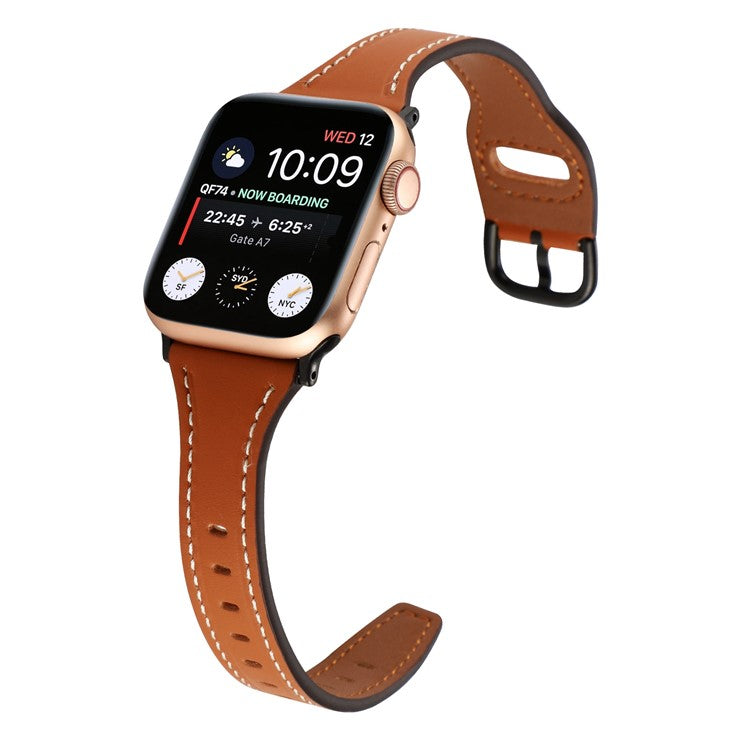 For Apple Watch Series 10 42mm / 9 8 7 41mm / 6 5 4 SE SE (2022) SE (2023) 40mm / 3 2 1 38mm T-Shaped Watch Strap Genuine Leather Wrist Band - Brown / Black Buckle