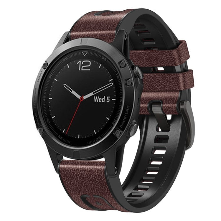 For Garmin Tactix 7 Pro / Fenix 7X / Fenix 6X Pro Quick Release Leather Coated Silicone Smart Watch Band Wrist Strap 26mm - Dark Brown