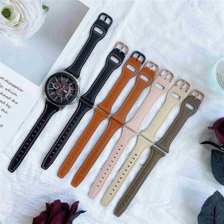 For Samsung Galaxy Watch 3 45mm / Huawei Watch GT3 Pro 46mm Genuine Leather Watch Strap 22mm T-shaped Replacement Band - Black / Rose Gold Buckle