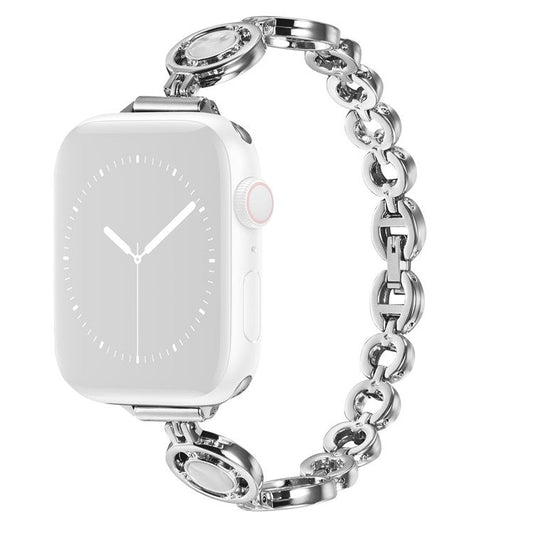 For Apple Watch Series 10 46mm / Ultra 2 Ultra 49mm /  Series 9 8 7 45mm / 6 5 4 SE (2023) SE (2022) SE 44mm / 3 2 1 42mm Strap Rhinestone Decor Zinc Alloy Wrist Strap Bracelet - Silver / White
