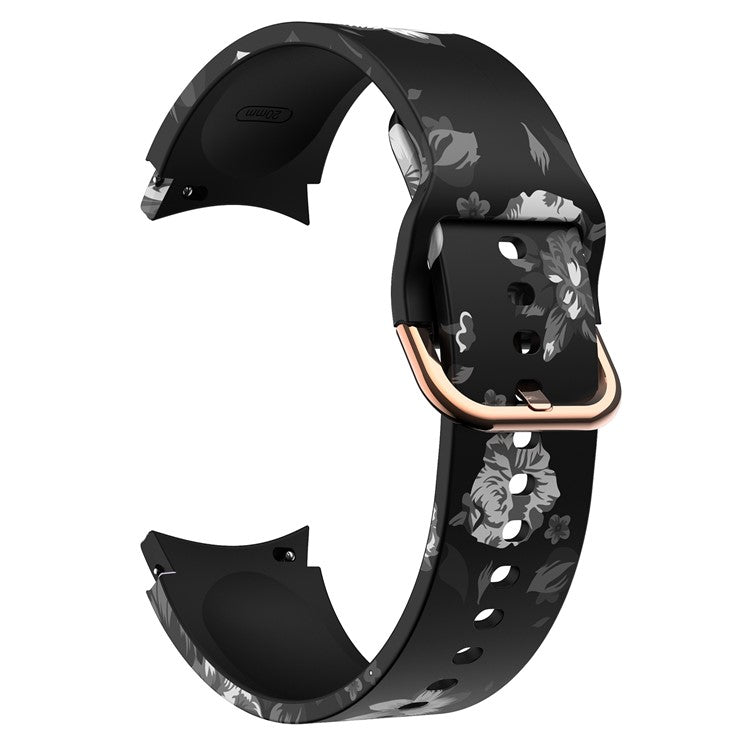 For Samsung Galaxy Watch 5 40mm / 44mm  /  5 Pro 45mm Pattern Printed Silicone Watch Strap 20mm Quick Release Watch Band with Buckle - Black Bottom Grey Flower