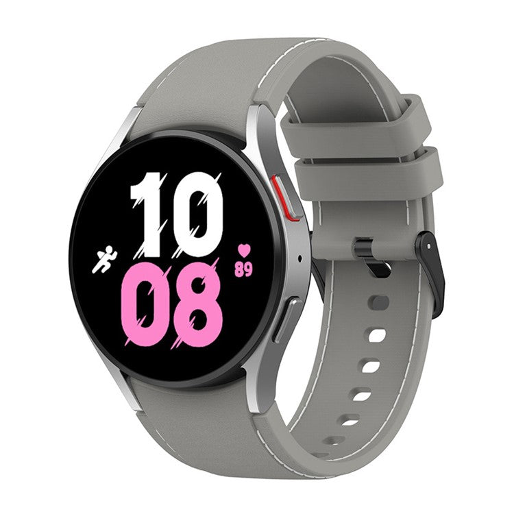 For Samsung Galaxy Watch6 40mm 44mm / Watch6 Classic 43mm 47mm / Watch 5 40mm 44mm / 5 Pro 45mm / Watch4 40mm 44mm Watch Band Silicone Stitching Line Replacement Wrist Strap with Black Buckle, Size L - Grey / White