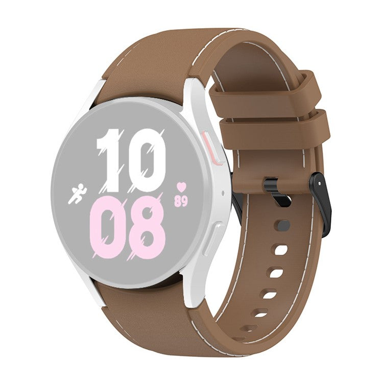 For Samsung Galaxy Watch6 40mm 44mm / Watch6 Classic 43mm 47mm / Watch 5 40mm 44mm / 5 Pro 45mm / Watch4 40mm 44mm Watch Band Silicone Stitching Line Replacement Wrist Strap with Black Buckle, Size L - Brown / White