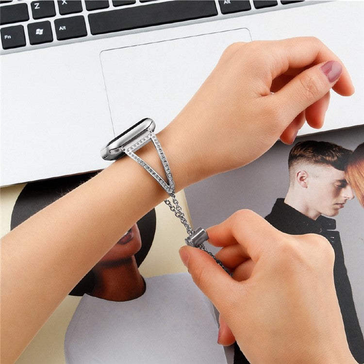 For Apple Watch Series 10 42mm / 9 8 7 41mm / 6 5 4 SE SE (2022) SE (2023) 40mm / 3 2 1 38mm Rhinestone Decor Glitter Wrist Strap Metal Bracelet Wristband Replacement - Black