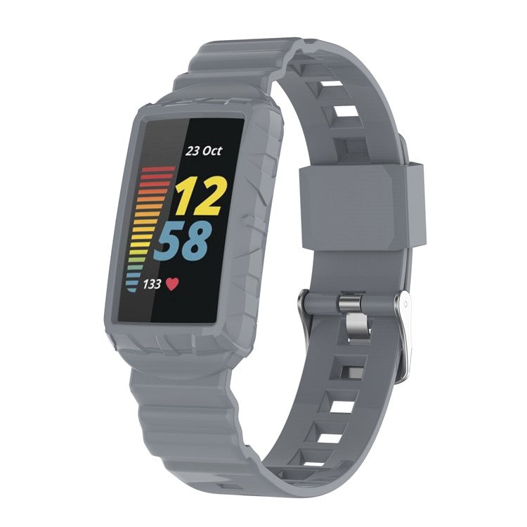 For Fitbit Charge 6 / 5 Silicone Watch Band Adjustable Wrist Strap with Anti-scratch Watch Case - Grey