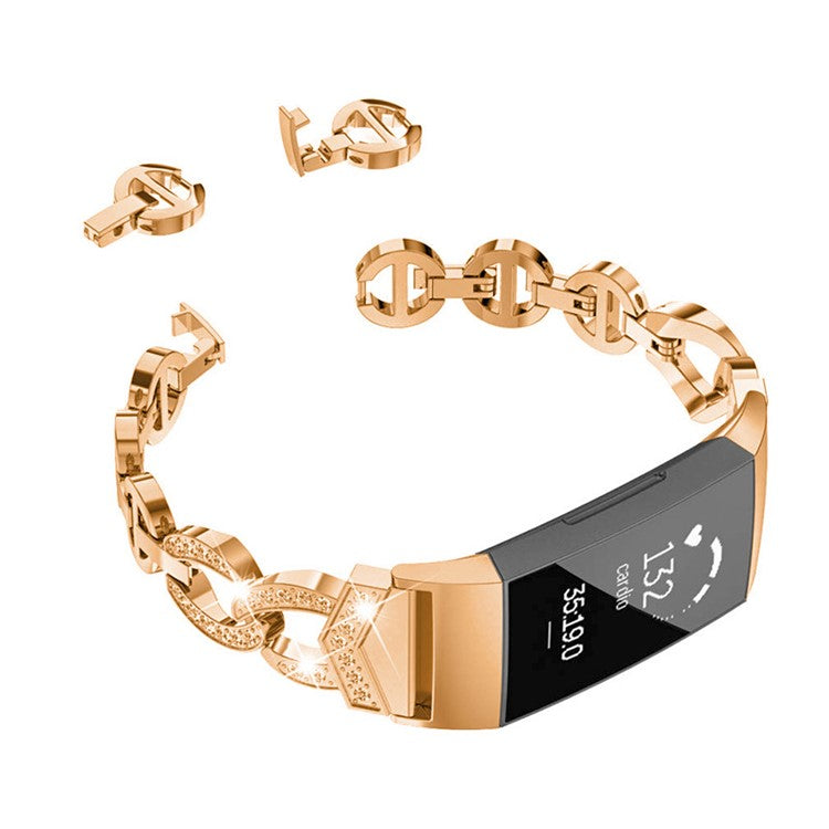 For Fitbit Charge 3 / 4 Stylish Rhinestones Decor Metal Smart Watch Strap Replacement Wrist Band - Rose Gold