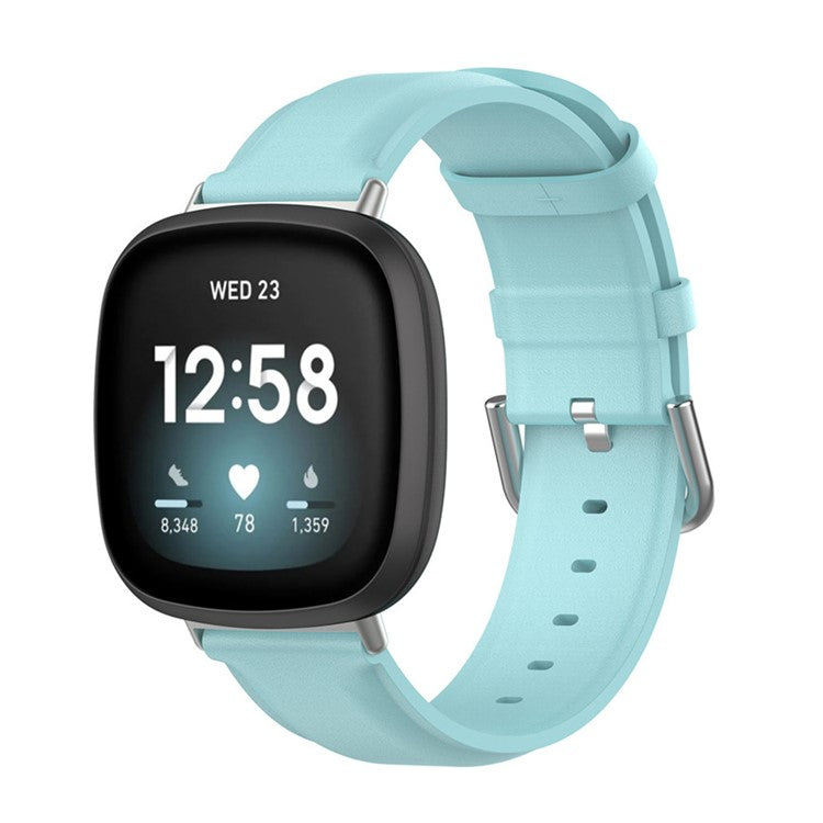 For Fitbit Versa 4 / Sense 2 Watch Band Soft Genuine Leather Replacement Strap with Solid Buckle - Baby Blue