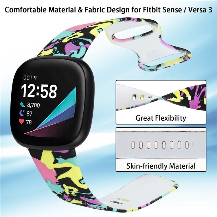 For Fitbit Versa 4 / Sense 2 Pattern Printing Silicone Watch Strap Adjustable Wrist Band Replacement - Style E