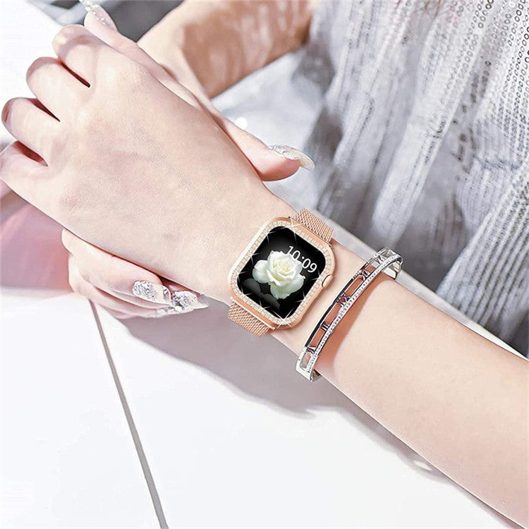 For Apple Watch 1 / 2 / 3 42mm Metal Milanese Watch Strap Quick Release Watch Band Replacement Watchband + PC Watch Case with Dual Row Rhinestone Decoration - Rose Gold
