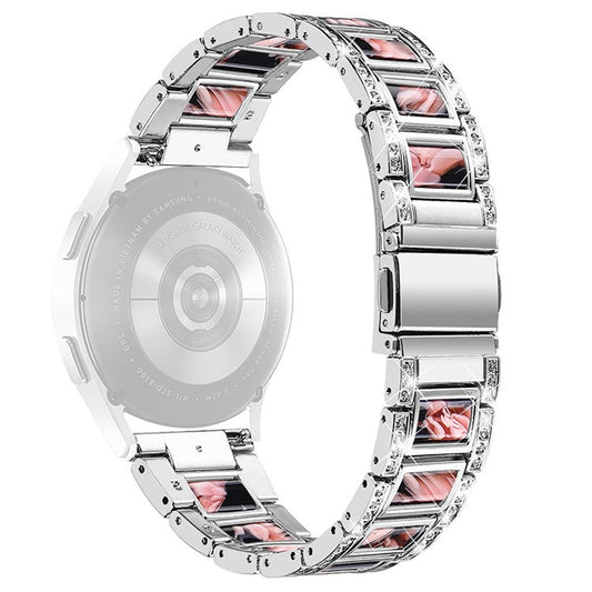 For Huawei Watch GT 2 42mm / Watch 2 / Honor Magic Watch 2 42mm Stainless Steel + Resin Watch Strap Quick Release Watch Band Rhinestone Decoration Watchband - Sliver / Black Pink Flower