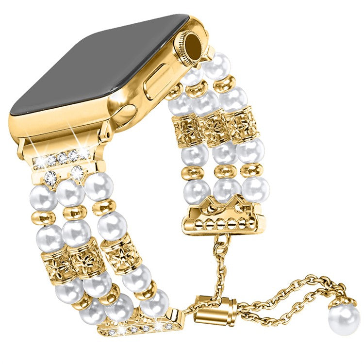For Fitbit Versa 3 / Fitbit Sense Jewelry Stretch Watch Band Adjustable Metal Wristband Pearl Rhinestone Decorated Watch Strap for Women Girls - Gold