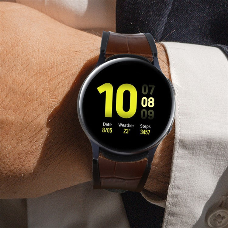 For Samsung Galaxy Watch6 40mm 44mm / Watch6 Classic 43mm 47mm / Watch 5 40mm 44mm / 5 Pro 45mm / Watch4 40mm 44mm Dual Color Genuine Leather Coated Silicone Watch Strap Replacement - Blue / Khaki Plain Grain