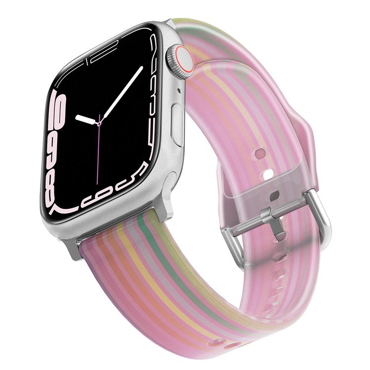 For Apple Watch Series 10 46mm / Ultra 2 Ultra 49mm /  Series 9 8 7 45mm / 6 5 4 SE (2023) SE (2022) SE 44mm / 3 2 1 42mm Rainbow Color Quick Release Watch Strap Silicone Watchband - Pink Rainbow