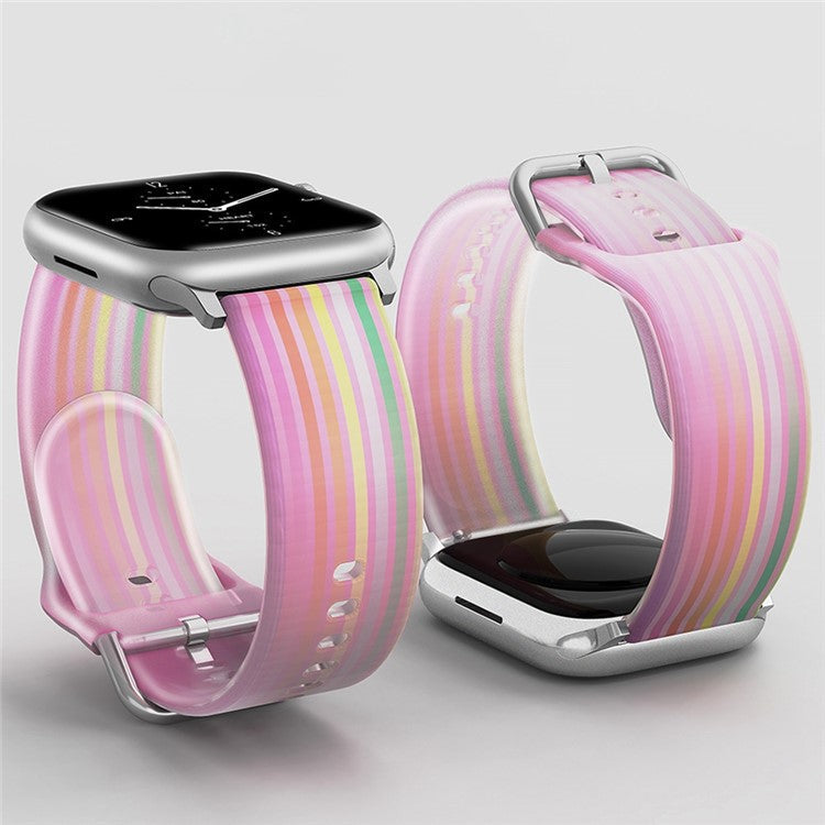 For Apple Watch Series 10 46mm / Ultra 2 Ultra 49mm /  Series 9 8 7 45mm / 6 5 4 SE (2023) SE (2022) SE 44mm / 3 2 1 42mm Rainbow Color Quick Release Watch Strap Silicone Watchband - Pink Rainbow