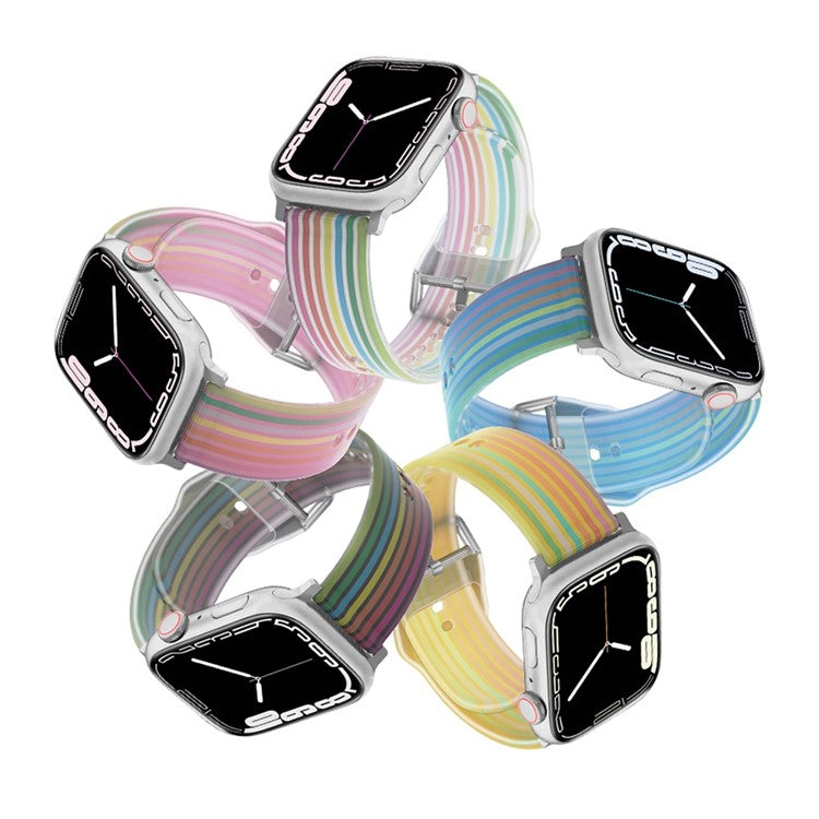 For Apple Watch Series 10 46mm / Ultra 2 Ultra 49mm /  Series 9 8 7 45mm / 6 5 4 SE (2023) SE (2022) SE 44mm / 3 2 1 42mm Rainbow Color Quick Release Watch Strap Silicone Watchband - Pink Rainbow