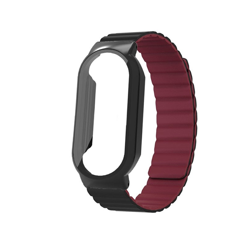 For Xiaomi Mi Band 7 / 7 NFC Silicone Magnetic Watch Band 3 in 1 Replacement Wrist Strap with PC Watch Case  /  Tempered Glass Screen Protector - Black / Wine Red