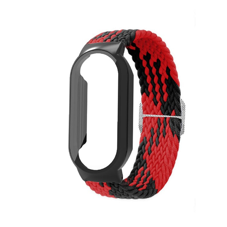 For Xiaomi Mi Band 7 / 7 NFC Elastic Watch Band 3 in 1 Nylon Braided Wrist Strap with PC Watch Case  /  Tempered Glass Screen Protector - Red Black / Black