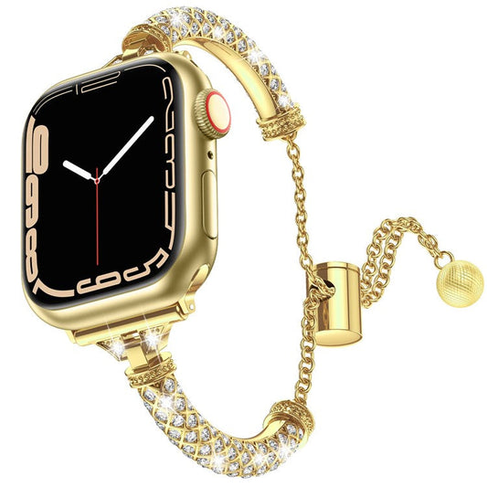 For Apple Watch Series 10 42mm / 9 8 7 41mm / 6 5 4 SE SE (2022) SE (2023) 40mm / 3 2 1 38mm Metal Stretch Jewelry Watch Strap Rhinestone Decorated Wristband for Women Girls - Gold