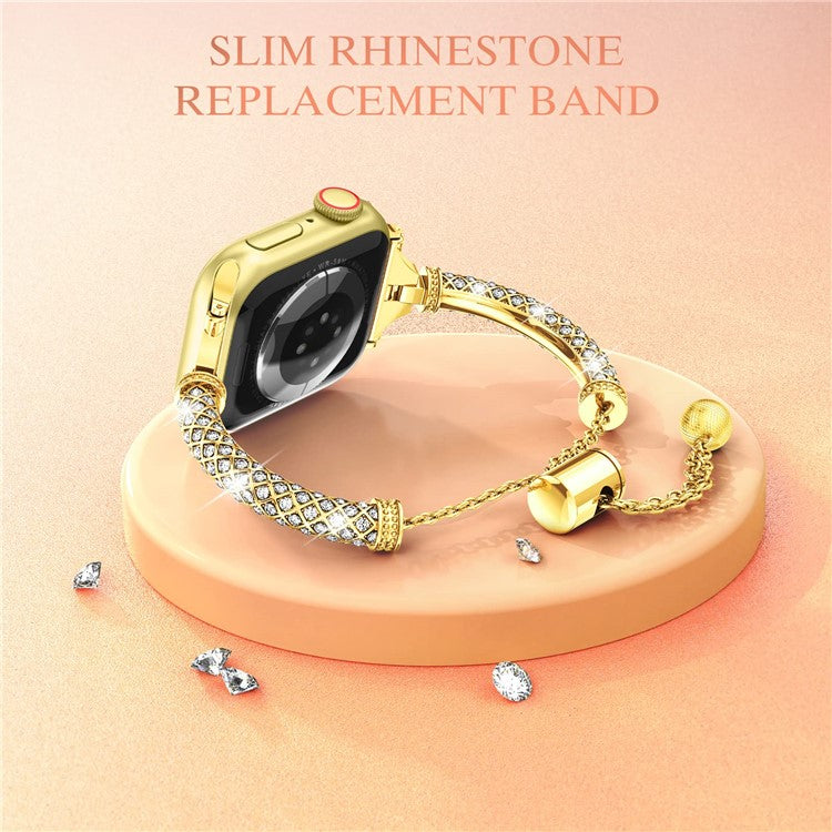 For Apple Watch Series 10 42mm / 9 8 7 41mm / 6 5 4 SE SE (2022) SE (2023) 40mm / 3 2 1 38mm Metal Stretch Jewelry Watch Strap Rhinestone Decorated Wristband for Women Girls - Gold