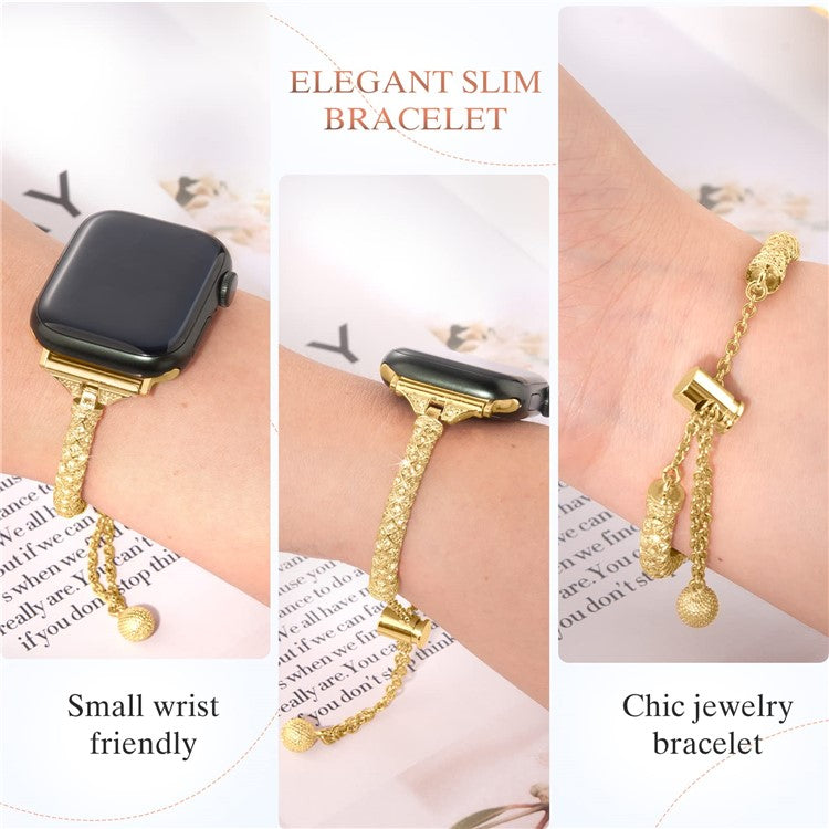 For Apple Watch Series 10 42mm / 9 8 7 41mm / 6 5 4 SE SE (2022) SE (2023) 40mm / 3 2 1 38mm Metal Stretch Jewelry Watch Strap Rhinestone Decorated Wristband for Women Girls - Gold