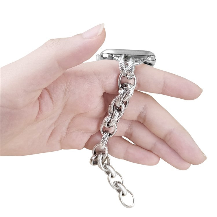For Apple Watch Series 10 46mm / Ultra 2 Ultra 49mm /  Series 9 8 7 45mm / 6 5 4 SE (2023) SE (2022) SE 44mm / 3 2 1 42mm Cowboy Chain Metal Wave Wallet Band Hollow Out Bracelet Strap - Silver