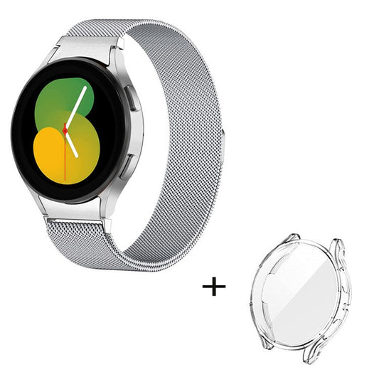 For Samsung Galaxy Watch 5 40mm Stainless Steel Metal Band Adjustable Magnetic Mesh Watch Strap with Transparent TPU Watch Case - Silver