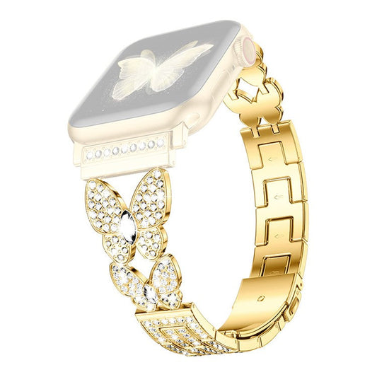 For Apple Watch Series 10 42mm / 9 8 7 41mm / 6 5 4 SE SE (2022) SE (2023) 40mm / 3 2 1 38mm Metal Watch Strap Quick Release Watch Band Rhinestone Decorated Butterfly Watchband - Gold