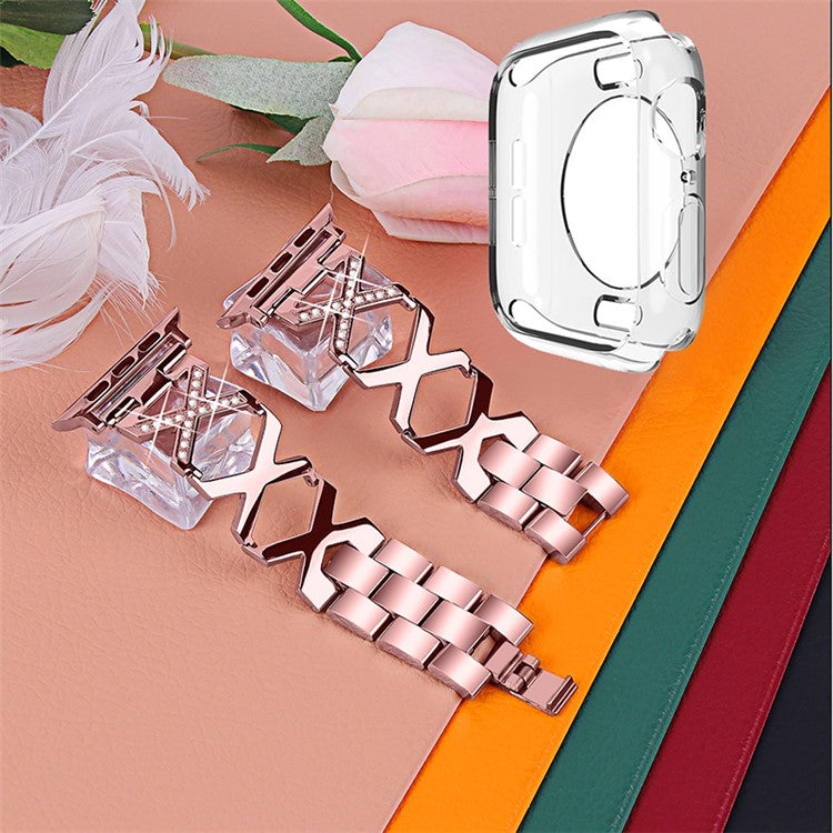 For Apple Watch Series 3 / 2 / 1 42mm Hollow X-Shape Shiny Rhinestones Decor Stainless Steel Strap + Transparent TPU Anti-Scratch Watch Case - Rose Pink