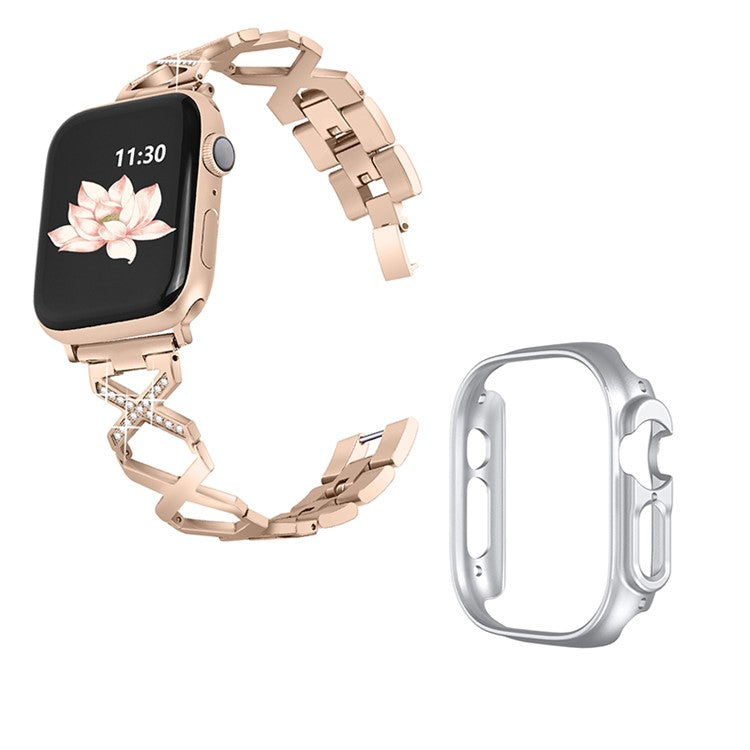 For Apple Watch Ultra 49mm X-shaped Stainless Steel Watch Band Rhinestone Decor Replacement Strap with Silver PC Watch Cover Frame - Gold