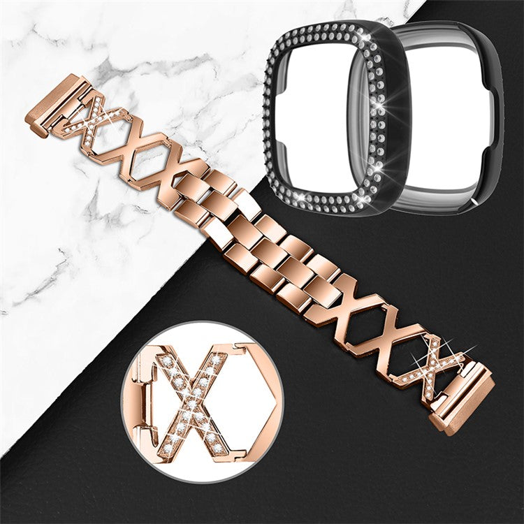 For Fitbit Versa 3 / Sense Stylish X-Shape Design Stainless Steel Smartwatch Wrist Strap + Two Row Rhinestones Black Protective Case - Rose Gold