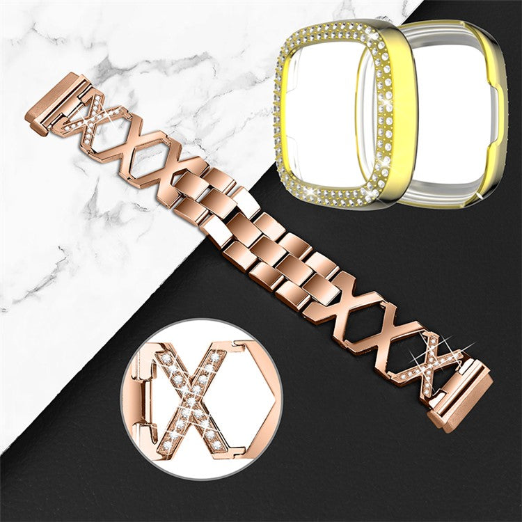 For Fitbit Versa 3 / Sense X-Shape Design Stainless Steel Bracelet Stylish Wrist Band + Two Row Rhinestones Gold Watch Case - Rose Gold