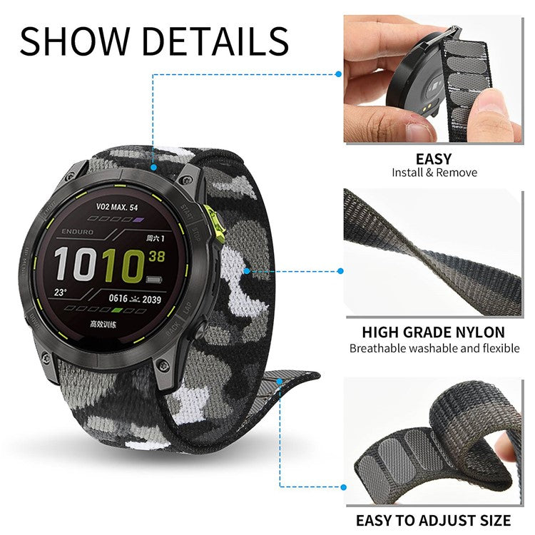 For Garmin Descent G1 / Fenix 7 / 6 Pro  /  5 Plus Nylon Watch Band Adjustable Sport Loop Strap Wristband Replacement Bracelet - Camouflage Blue