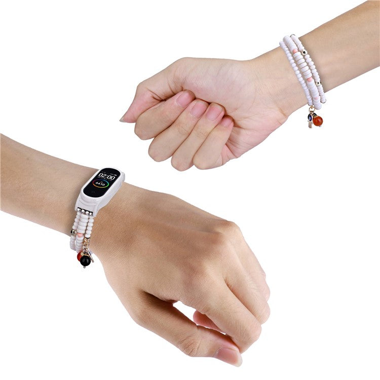 For Xiaomi Mi Band 5 / Band 6 Beaded Wrap Bracelet Band Holiday Style Replacement Watch Strap - White