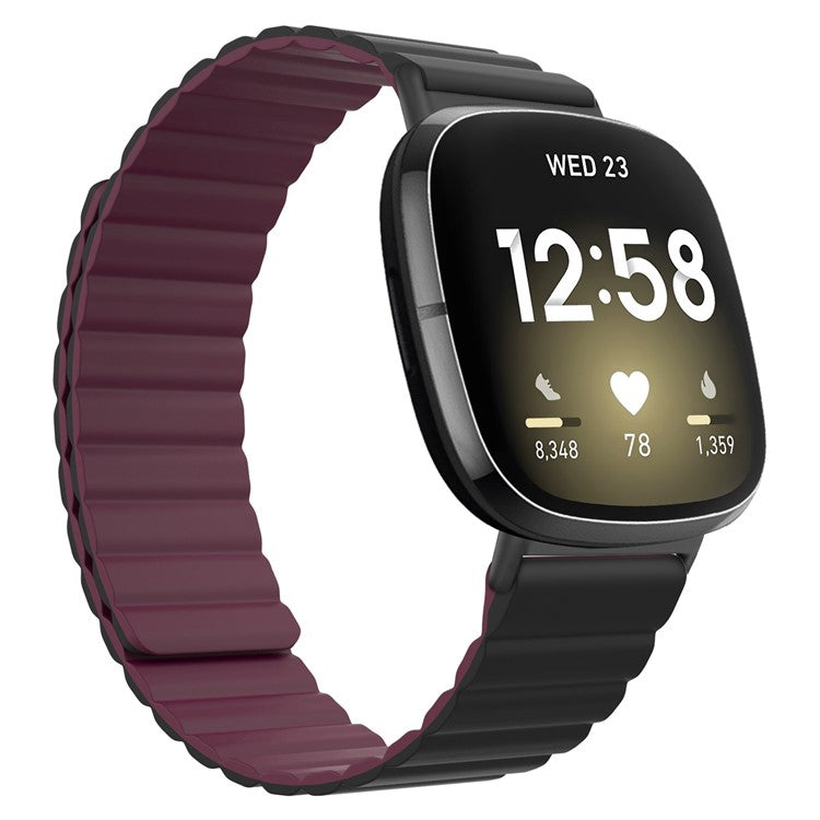 For Fitbit Versa 3 / Fitbit Sense Magnetic Silicone Watchband Universal Quick Release Watch Strap - Black / Wine Red