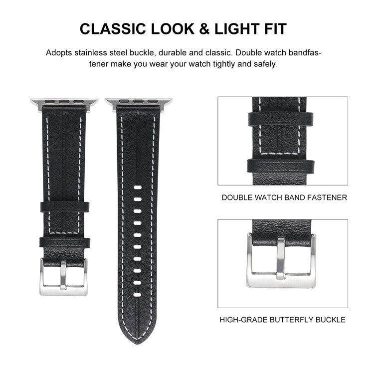 Watch Strap for Apple Watch Series 10 42mm / 9 8 7 41mm / SE (2023) SE (2022) SE 6 5 4 40mm / 3 2 1 38mm Genuine Leather Watch Band - Deep Pink