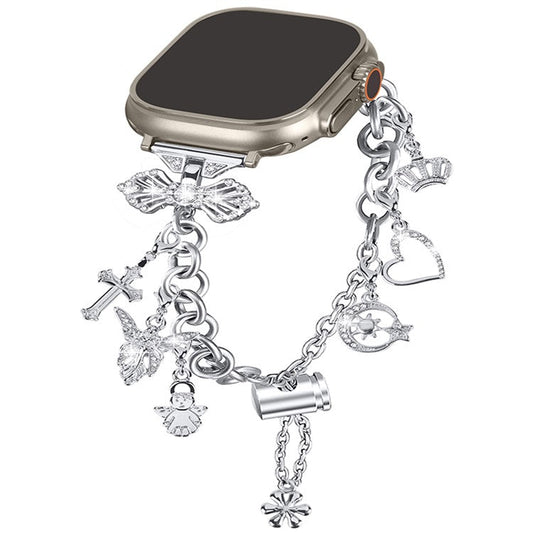 For Apple Watch Series 10 46mm / Ultra 2 Ultra 49mm /  Series 9 8 7 45mm / 6 5 4 SE (2023) SE (2022) SE 44mm / 3 2 1 42mm Watch Band Multiple Pendant Design Bracelet Wrist Strap - Silver