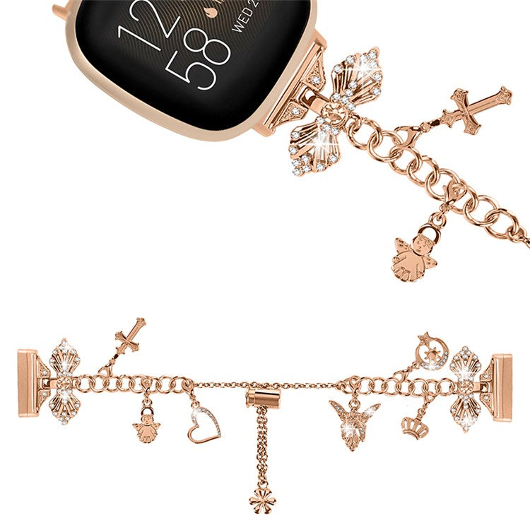For Fitbit Versa 3 / Fitbit Sense Metal Watch Band with Multiple Pendants Adjustable Wristband Bracelet - Rose Gold