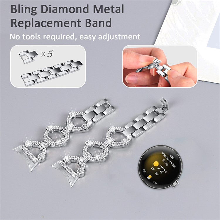 For Google Pixel Watch 2 / Pixel Watch Rhinestone Decor Watch Band Replacement Metal Wrist Strap Bracelet - Silver