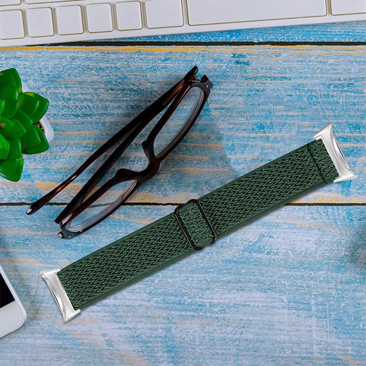 For Google Pixel Watch 2 / Pixel Watch Elastic Woven Soft Watch Strap Replacement Wrist Band (Silver Connector) - Army Green