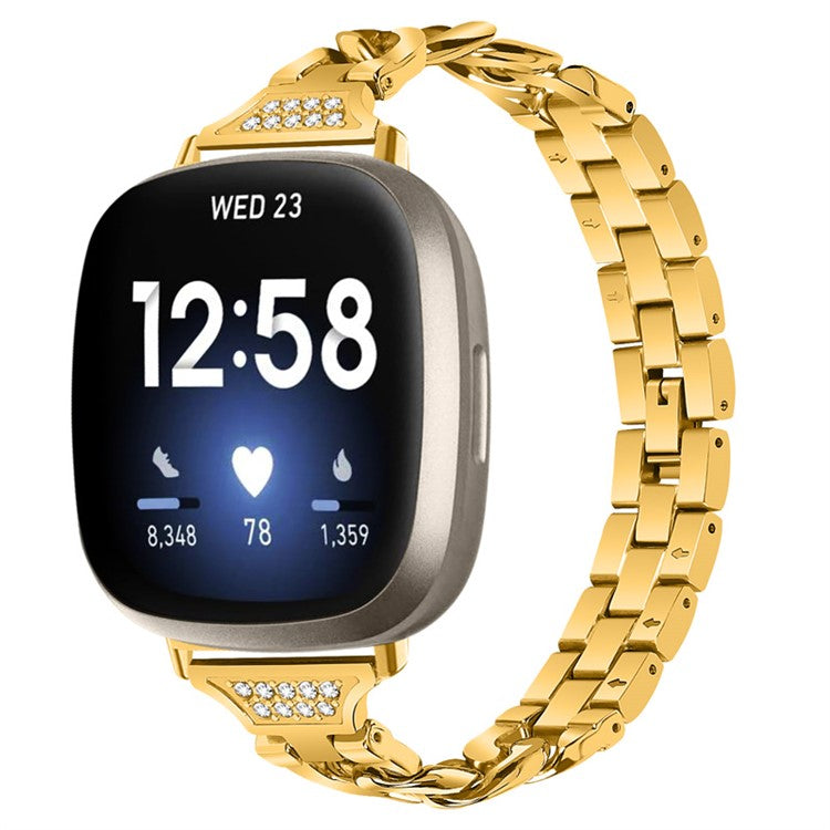 For Fitbit Versa 3 / Sense Universal Watch Strap Metal Watch Band Rhinestone Decorated Connector Watchband for Girls - Gold