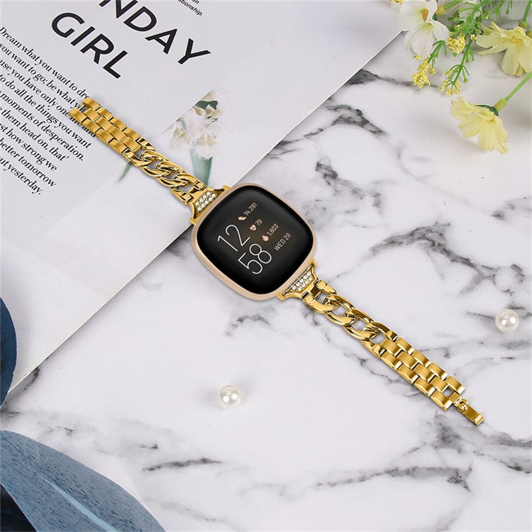 For Fitbit Versa 3 / Sense Universal Watch Strap Metal Watch Band Rhinestone Decorated Connector Watchband for Girls - Gold
