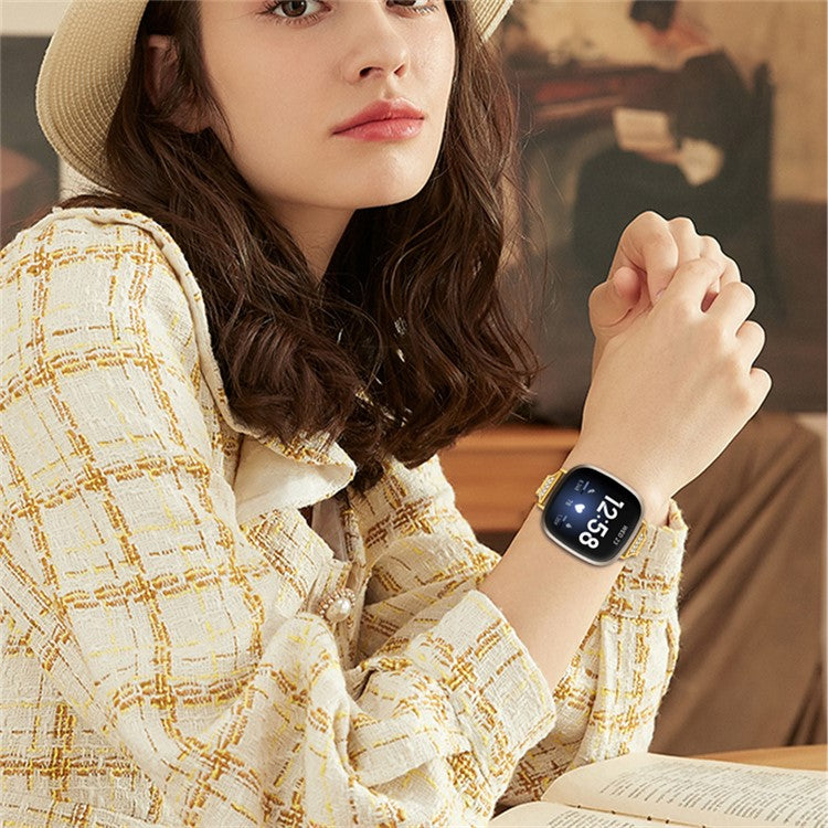 For Fitbit Versa 3 / Sense Universal Watch Strap Metal Watch Band Rhinestone Decorated Connector Watchband for Girls - Gold
